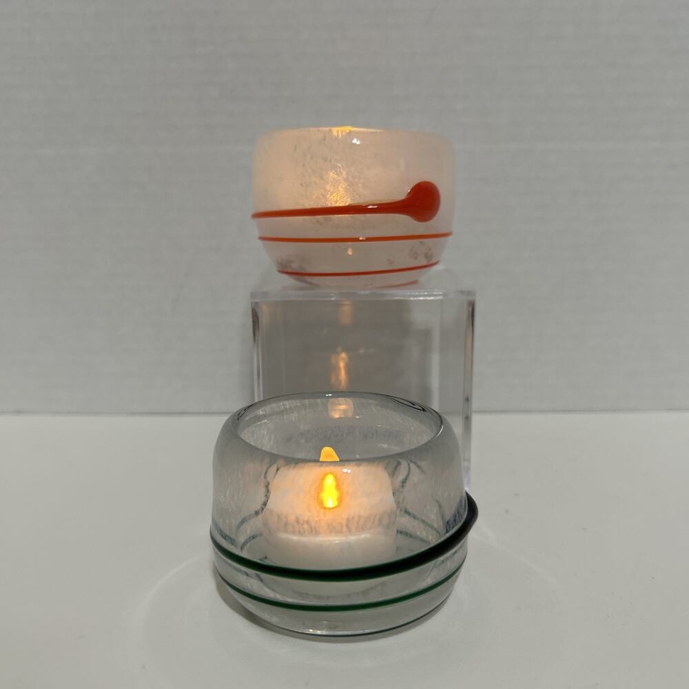 2 Hand Blown Studio Art Glass Votive Candle Holder Frosted Applied Green Orange